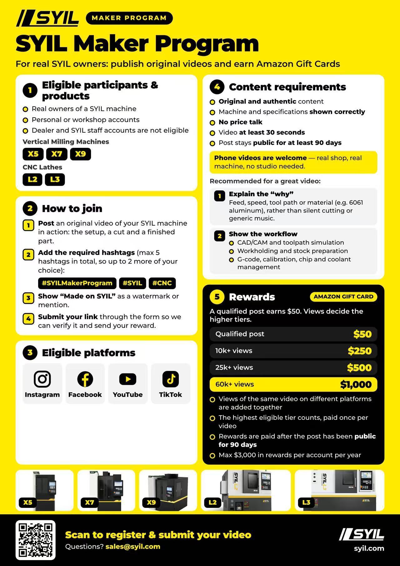 SYIL Maker Program flyer: eligible machines, how to join, content requirements and Amazon Gift Card rewards
